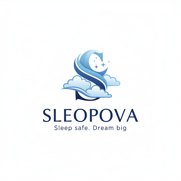can you ganerate me a Women having one of my Bedsheets in her hand and being happy. it needs to be realistic, also i want you to make a small Logo in the backround that says: SLEEPOVA, Sleep safe. Dream big.